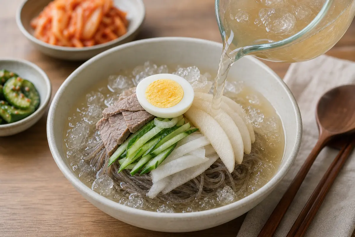 살얼음 육수를 담은 한국식 물냉면 완성 사진
