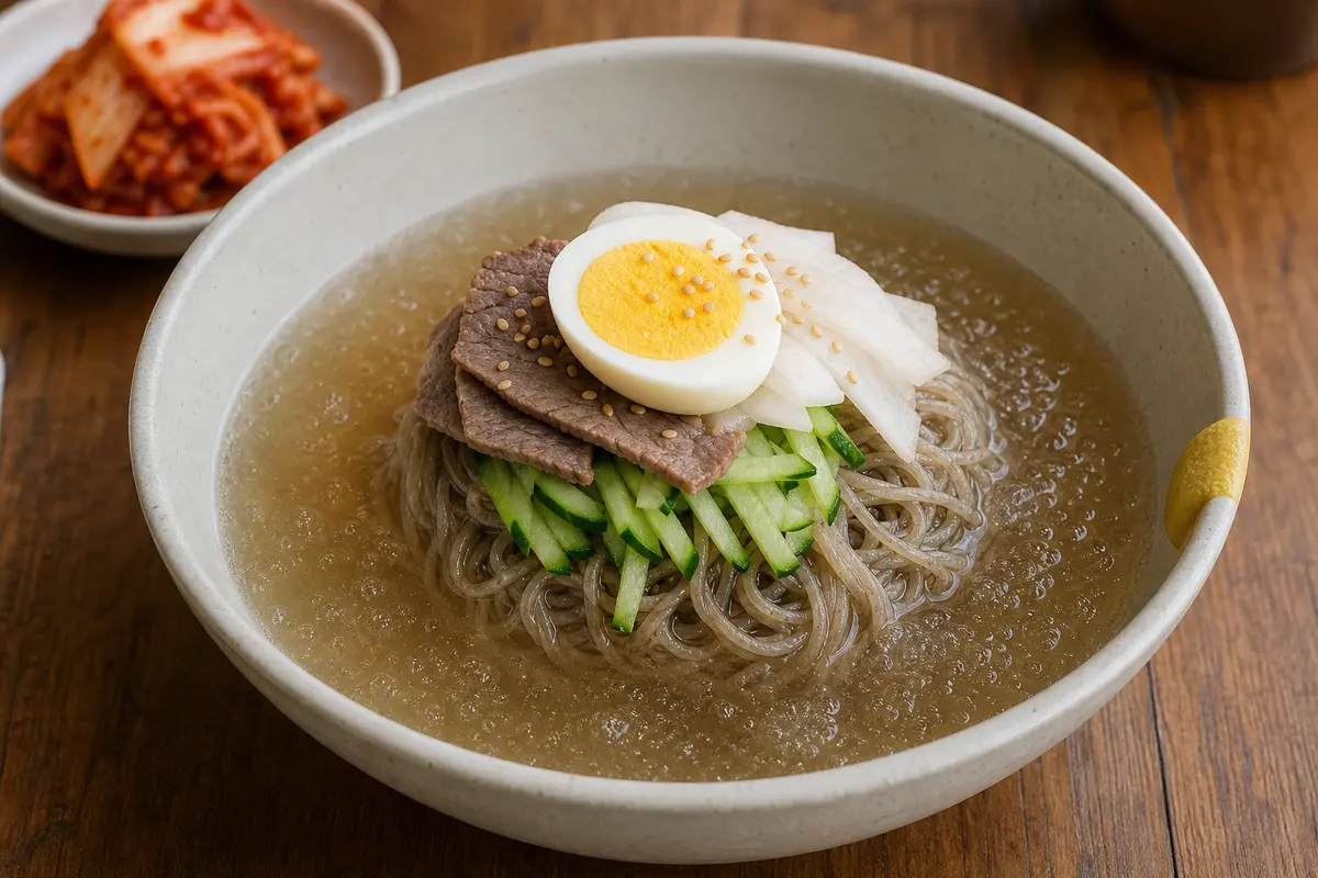 살얼음 육수를 담은 한국식 물냉면 완성 사진