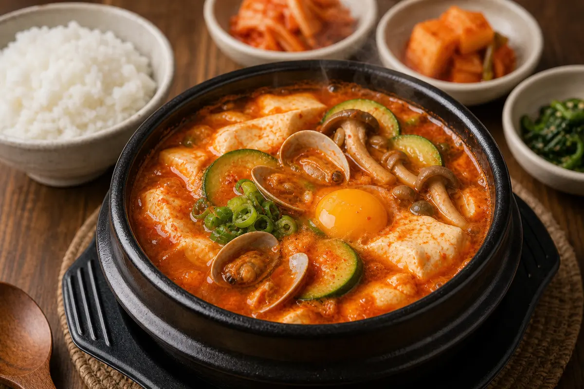 뚝배기에 담긴 매콤한 한국식 순두부찌개 완성 사진