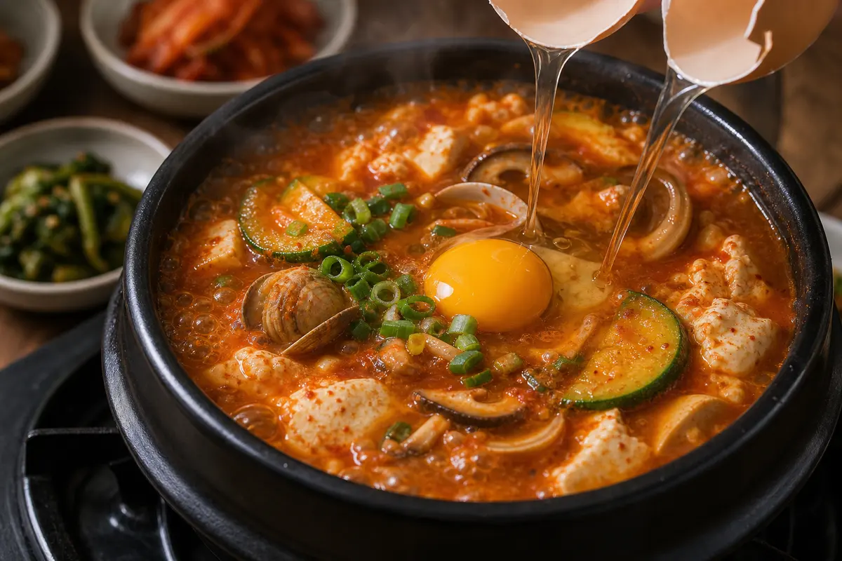 뚝배기에 담긴 매콤한 한국식 순두부찌개 완성 사진
