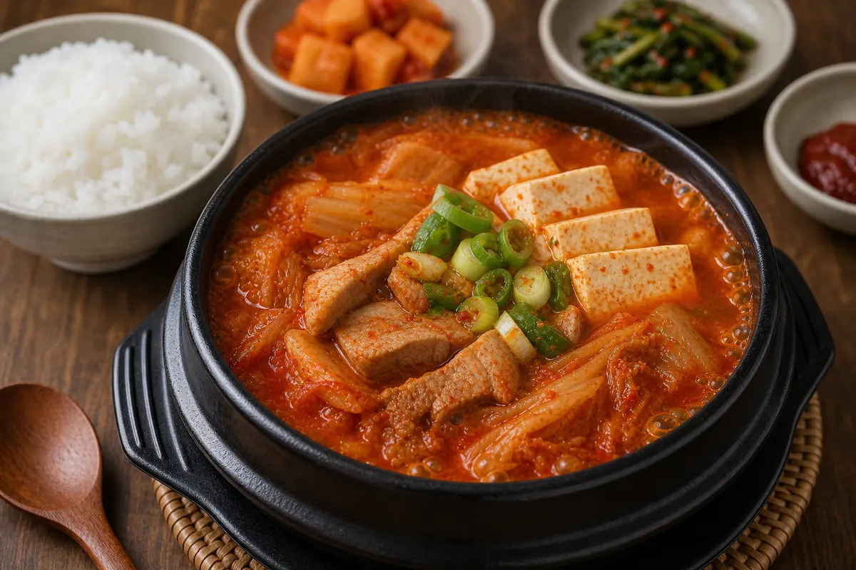 돼지고기와 두부가 들어간 한국식 김치찌개 완성 사진