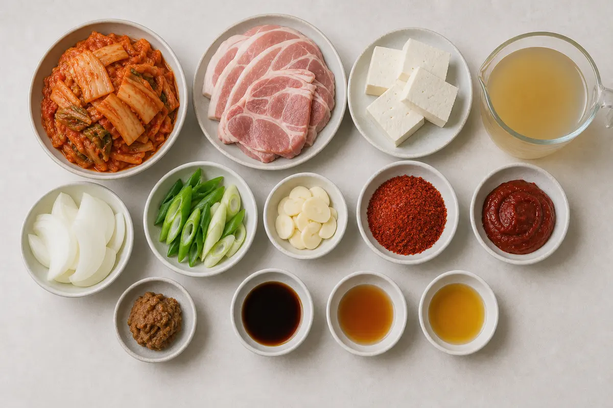 돼지고기와 두부가 들어간 한국식 김치찌개 완성 사진