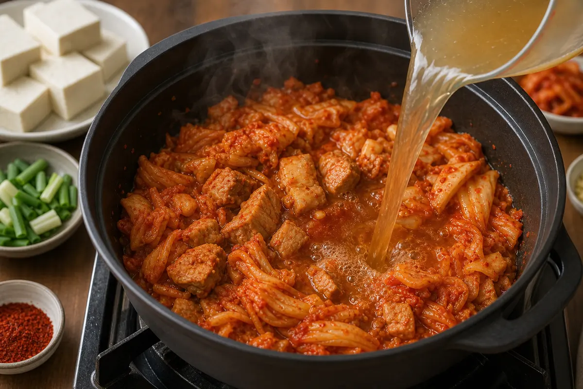 돼지고기와 두부가 들어간 한국식 김치찌개 완성 사진