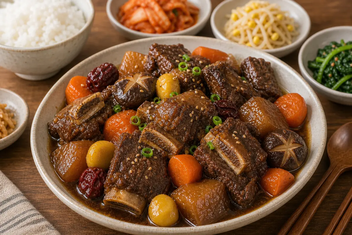 윤기 나는 간장 양념의 한국식 소갈비찜 완성 사진
