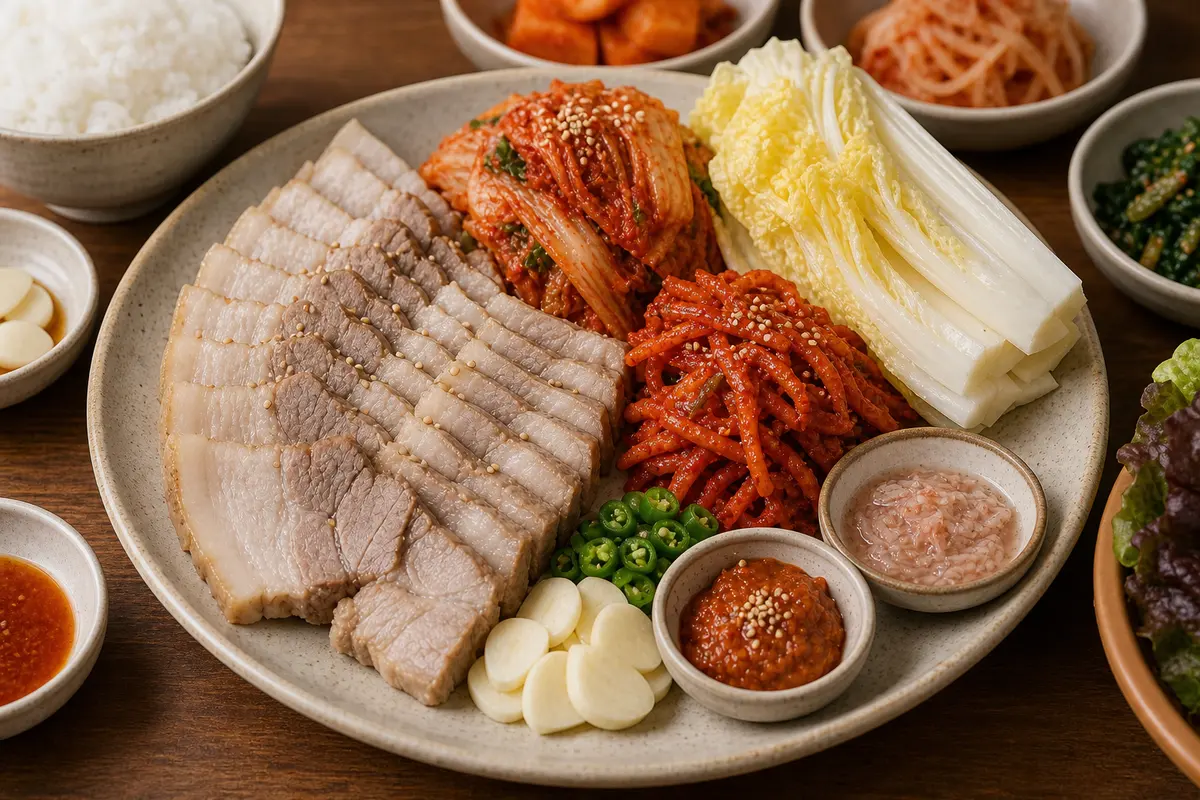 삶은 돼지고기와 보쌈김치를 곁들인 한국식 보쌈 완성 사진
