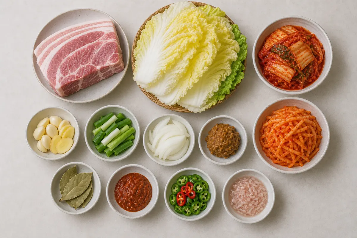삶은 돼지고기와 보쌈김치를 곁들인 한국식 보쌈 완성 사진