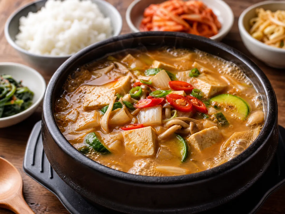 두부와 애호박, 버섯을 넣어 구수하게 끓인 한국식 된장찌개