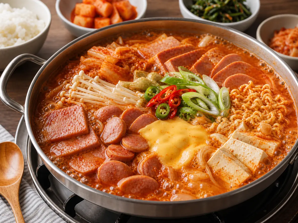 햄 소시지 김치 두부 라면사리가 들어간 매콤한 한국식 부대찌개