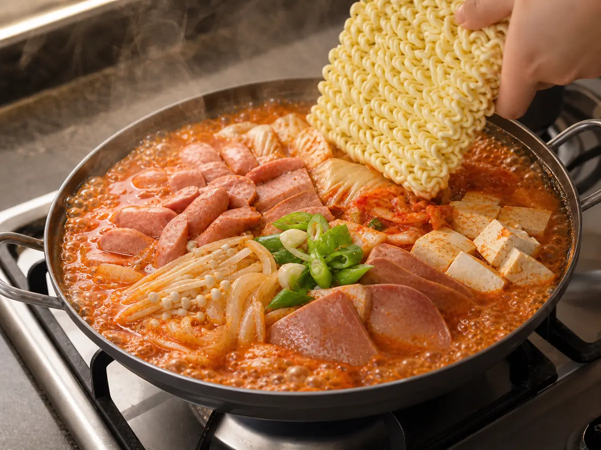 햄 소시지 김치 두부 라면사리가 들어간 매콤한 한국식 부대찌개