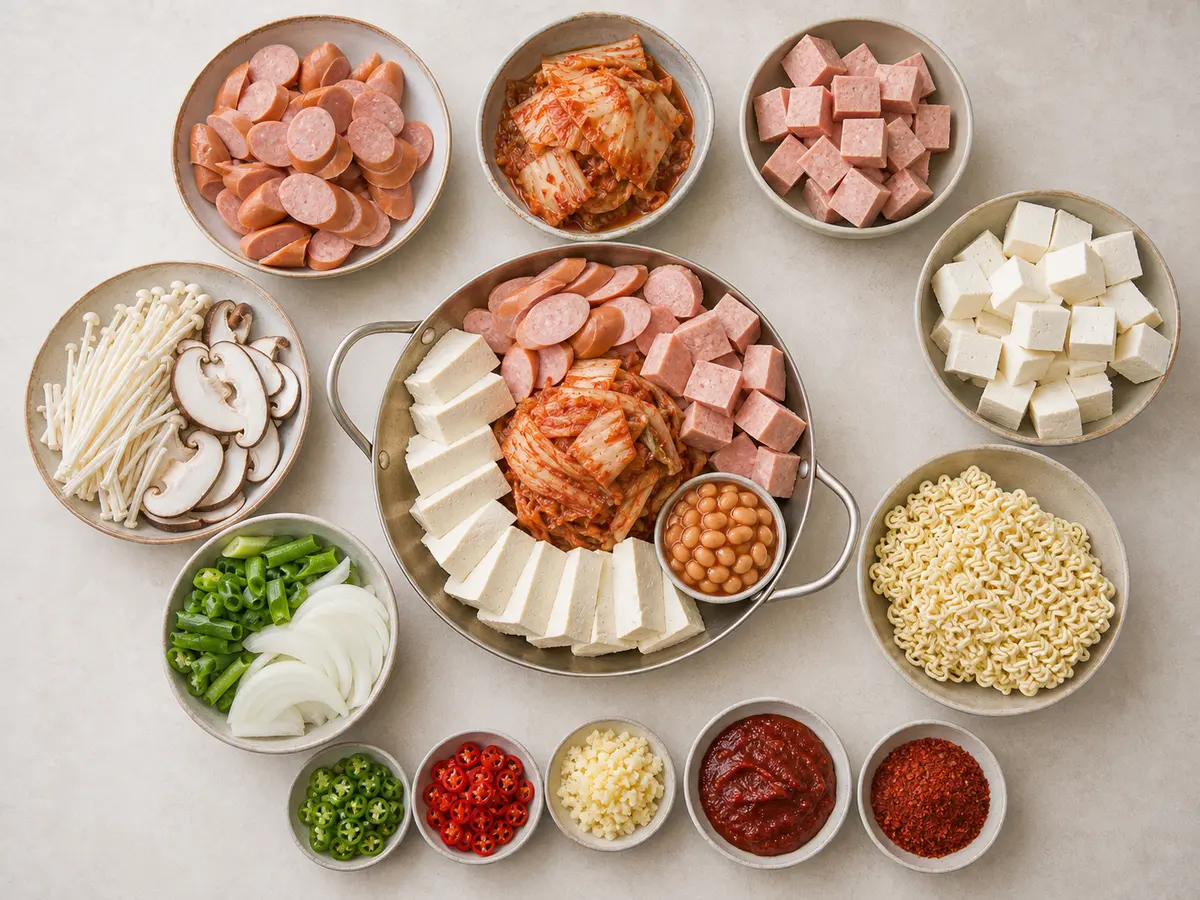 햄 소시지 김치 두부 라면사리가 들어간 매콤한 한국식 부대찌개