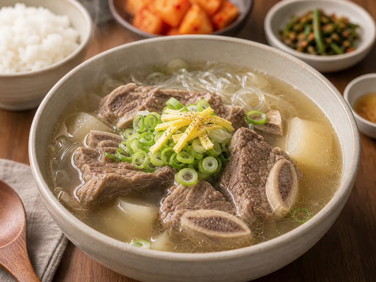 맑은 국물에 소갈비와 무, 당면, 대파를 넣은 한국식 갈비탕