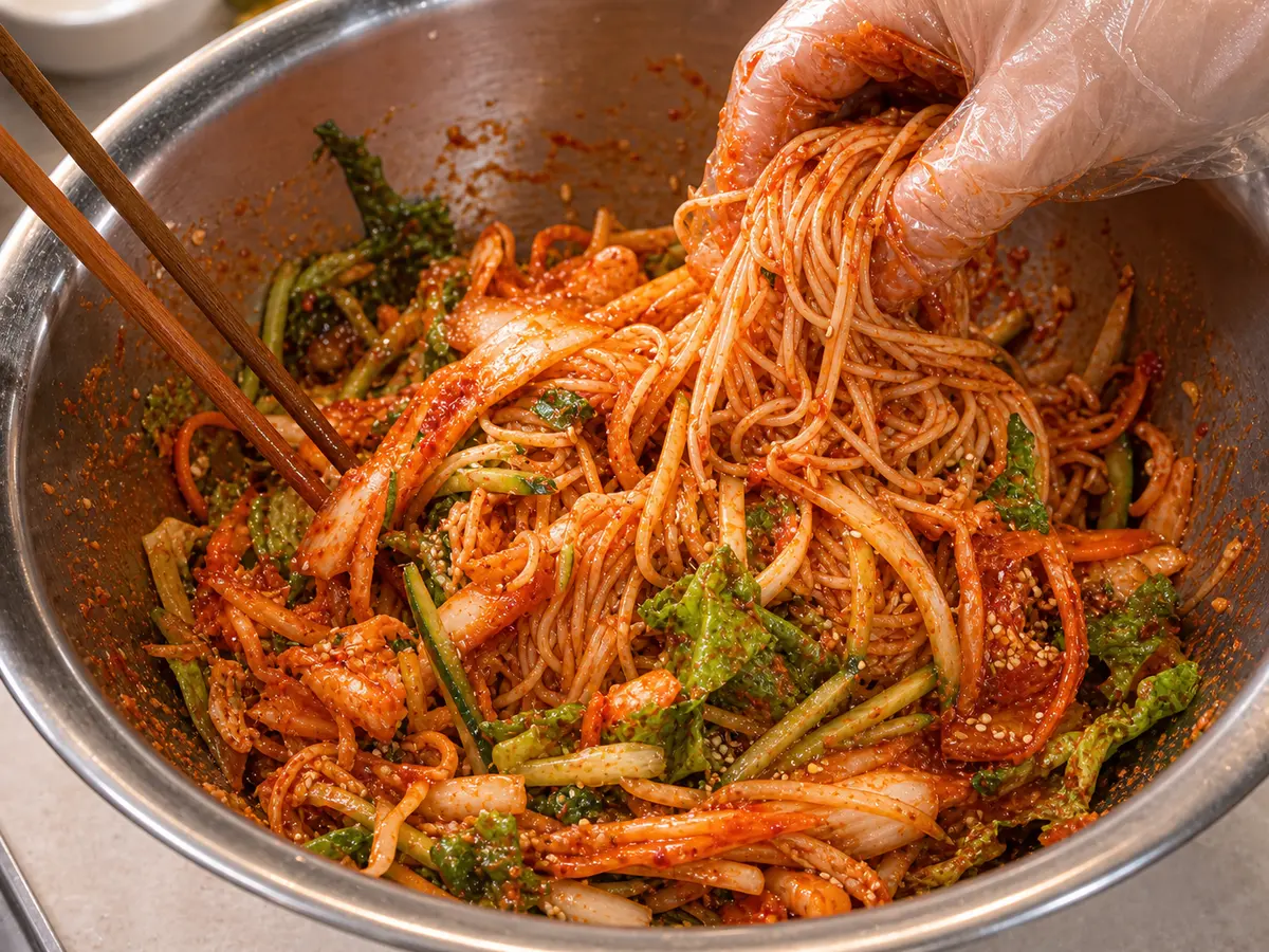 고추장 양념에 비빈 소면과 오이 김치 삶은 달걀을 올린 한국식 비빔국수