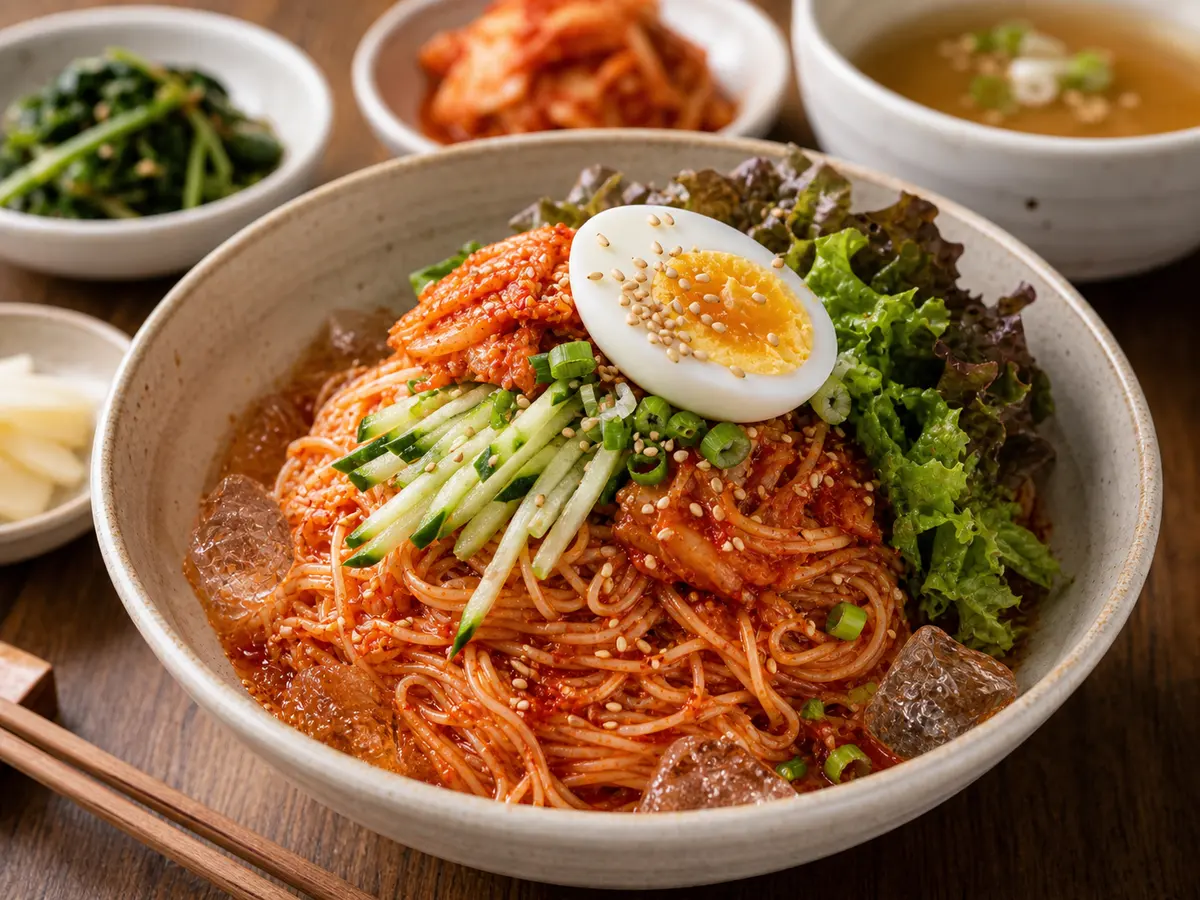 고추장 양념에 비빈 소면과 오이 김치 삶은 달걀을 올린 한국식 비빔국수