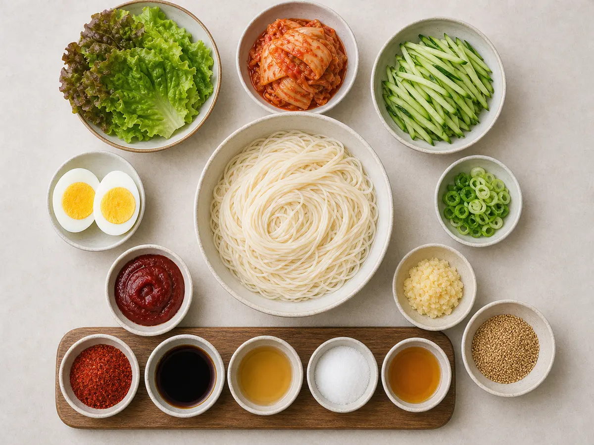 고추장 양념에 비빈 소면과 오이 김치 삶은 달걀을 올린 한국식 비빔국수