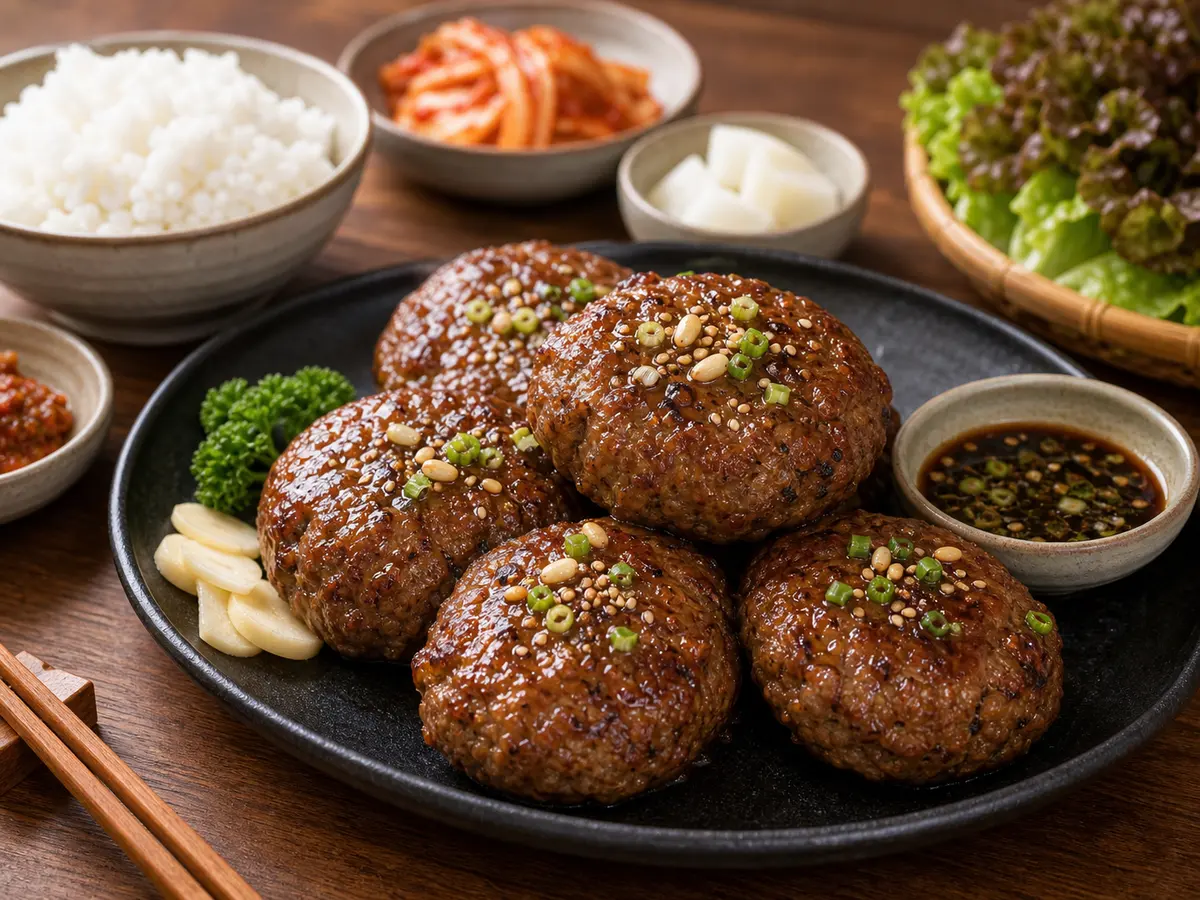 간장 양념을 발라 윤기 있게 구운 한국식 수제 떡갈비
