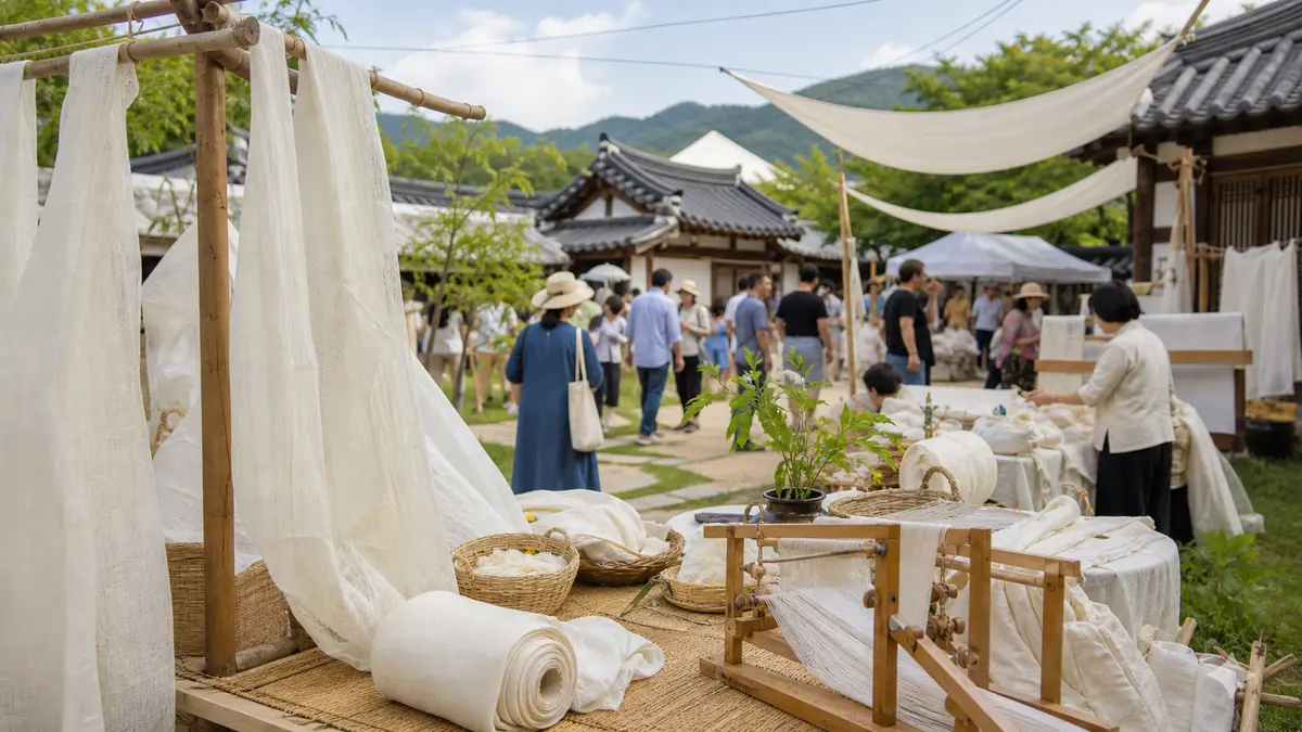 충남 서천 한산모시문화제에서 전통 모시천과 미니베틀 체험을 즐기는 풍경