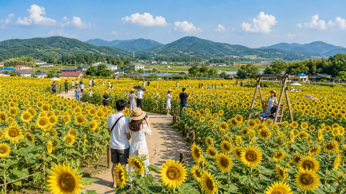 경남 함안 강주마을의 해바라기밭과 축제 포토존 풍경