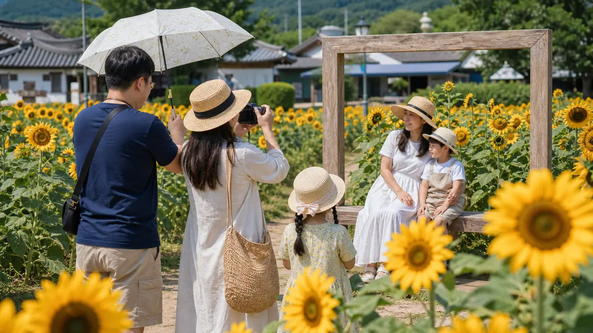 경남 함안 강주마을의 해바라기밭과 축제 포토존 풍경
