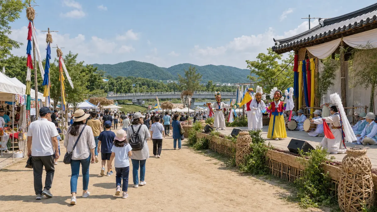 강릉단오제 축제장에서 전통공연과 단오체험을 즐기는 풍경