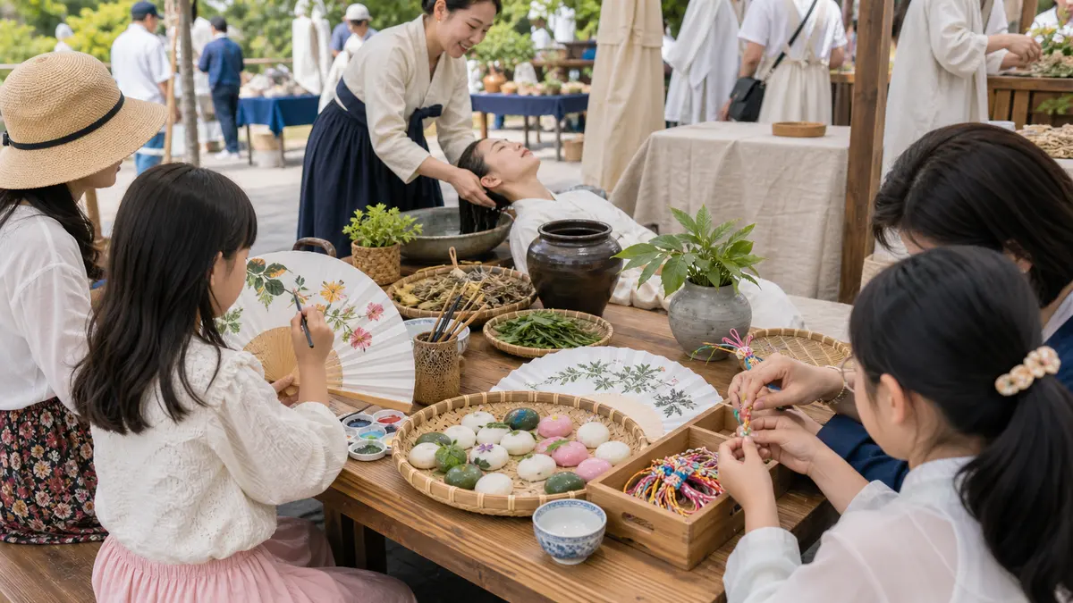 강릉단오제 축제장에서 전통공연과 단오체험을 즐기는 풍경
