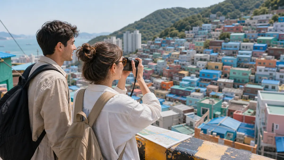 외국인 여행자가 부산 감천문화마을 전망대에서 사진을 찍는 모습