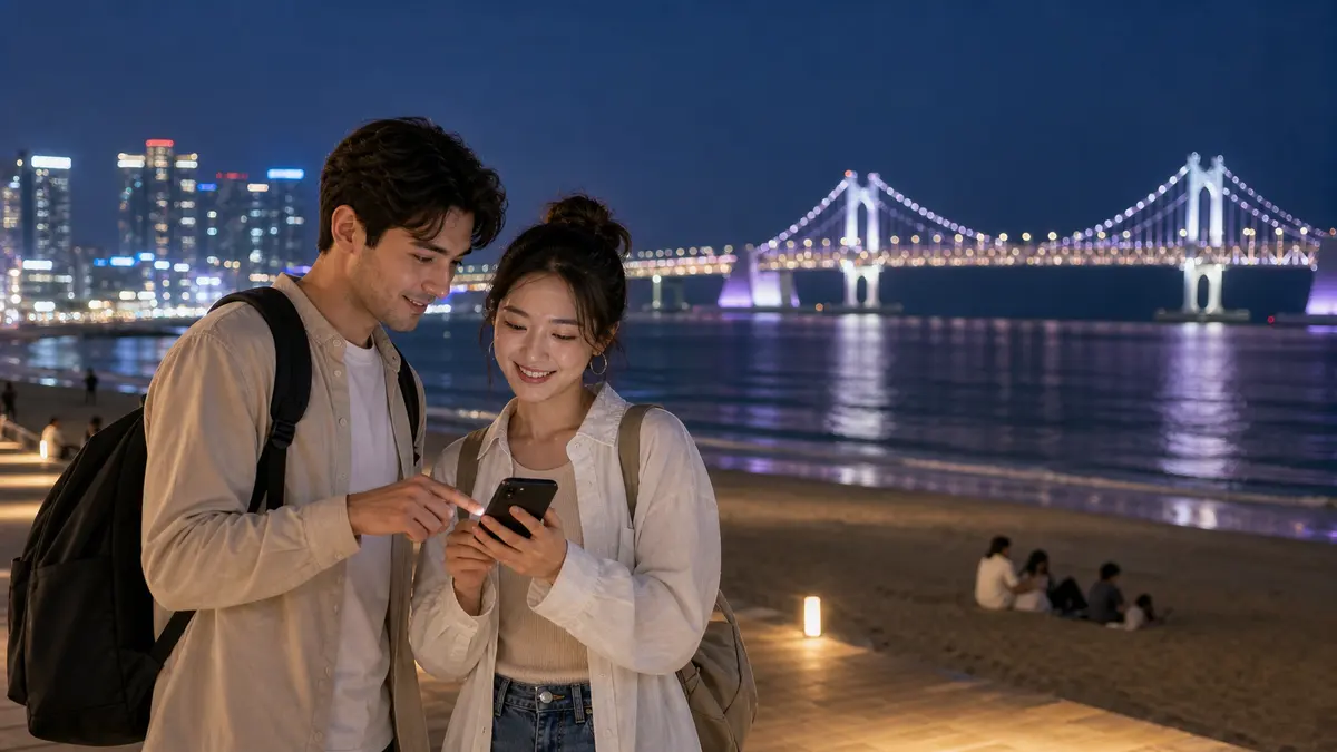 외국인 여행자가 부산 광안리 야경 앞에서 교통 경로를 확인하는 모습