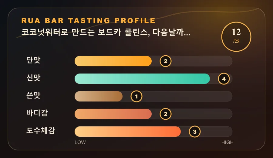 코코넛워터로 만드는 보드카 콜린스, 다음날까지 가볍습니다 테이스팅 프로필