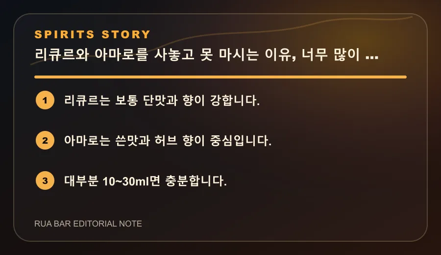 리큐르와 아마로를 사놓고 못 마시는 이유, 너무 많이 넣어서입니다